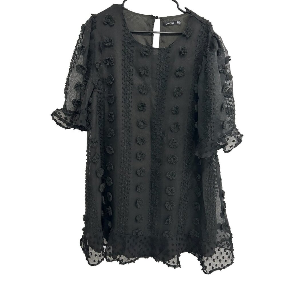 Boohoo Black Textured Polka Dot Floral Sheer Tunic Dress Sz 18 Whimsigoth Fairy